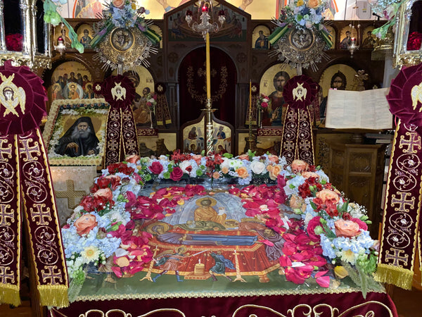 Epitaphios of the Mother of God and Icon of St. Joseph the Hesychast from monasterevmc.org