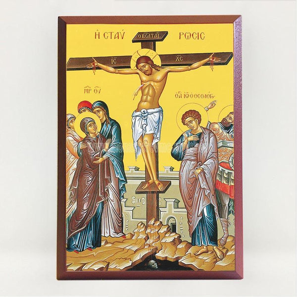 The crucifixion of our Lord, contemporary byzantine orthodox icon custom made by the sisters of monasterevmc.org| La crucifixion de notre Seigneur, icône byzantine orthodoxe fabriquée par les soeurs du monasterevmc.org