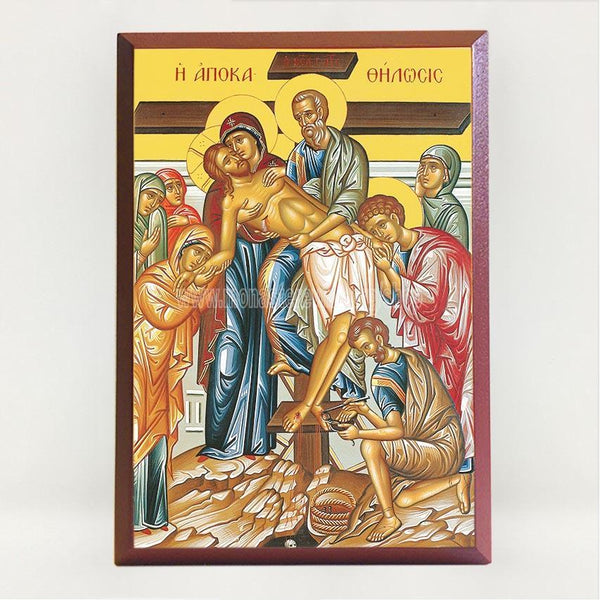 The descent from the Cross, contemporary byzantine orthodox icon custom made by the sisters of monasterevmc.org| La descente de la Croix de notre Seigneur, icône byzantine orthodoxe fabriquée par les soeurs du monasterevmc.org