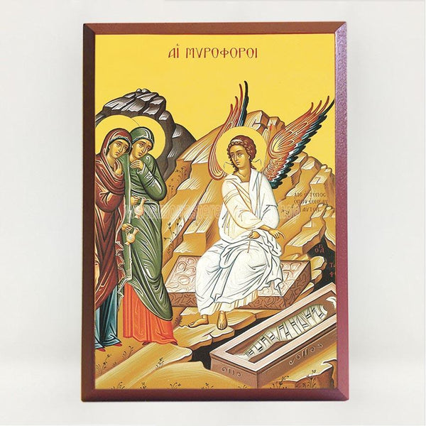 The Myrrh-bearers at the tomb of our Lord, contemporary byzantine orthodox icon custom made by the sisters of monasterevmc.org| Les myrrhophores au tombeau de notre Seigneur, icône byzantine orthodoxe fabriquée par les soeurs du monasterevmc.org