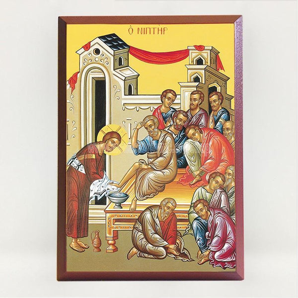 The washing of the Apostles' feet by our Lord, contemporary byzantine orthodox icon custom made by the sisters of monasterevmc.org| Le lavement des pieds des apôtres par le Seigneur, icône byzantine orthodoxe fabriquée par les soeurs du monasterevmc.org
