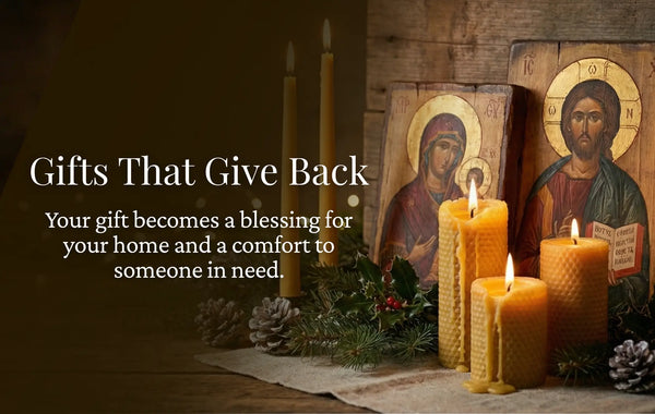 Candles and religious icons beside the text “Gifts That Give Back,” symbolizing generosity and care for those in need.