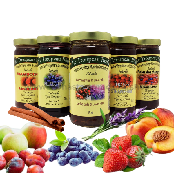 Jars of jams made with local berries and fruits