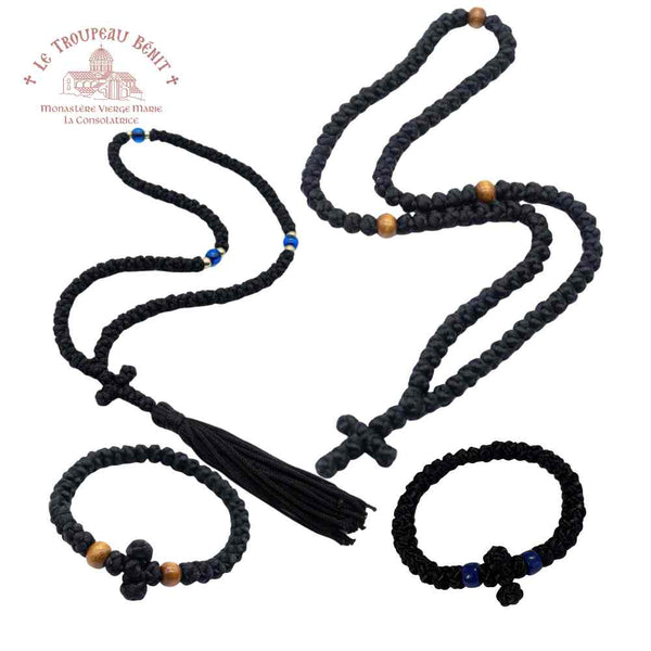Orthodox prayer ropes on white background featuring 'Troupeau Benit' logo branding