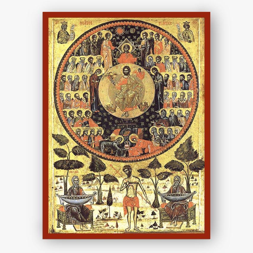 Decorative poster with religious iconography and intricate design on a white background