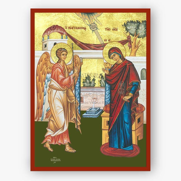 Icon of an angel and the Mother of God with a red border