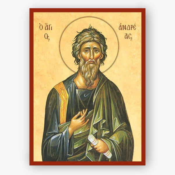 Icon of Saint Andrew with a red border on a beige background