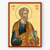 Icon of Apostle Peter holding a scroll with Greek text on a beige background
