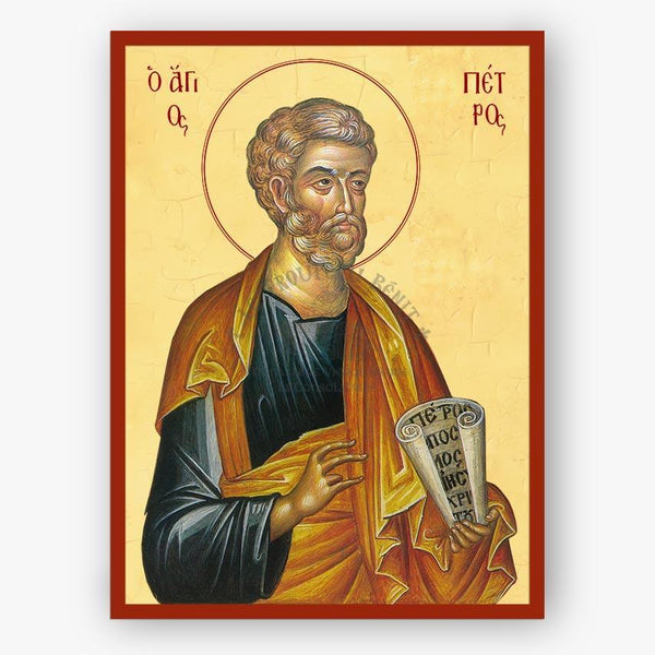 Icon of Apostle Peter holding a scroll with Greek text on a beige background