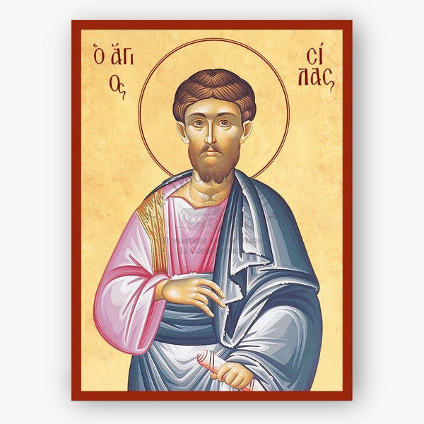 Icon of Saint Silas the Apostle with Greek text on a beige background