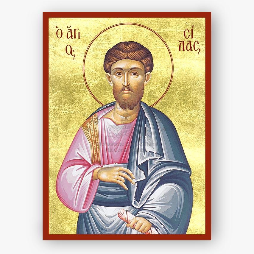 Icon of Saint Silas the Apostle with Greek text on a gold background