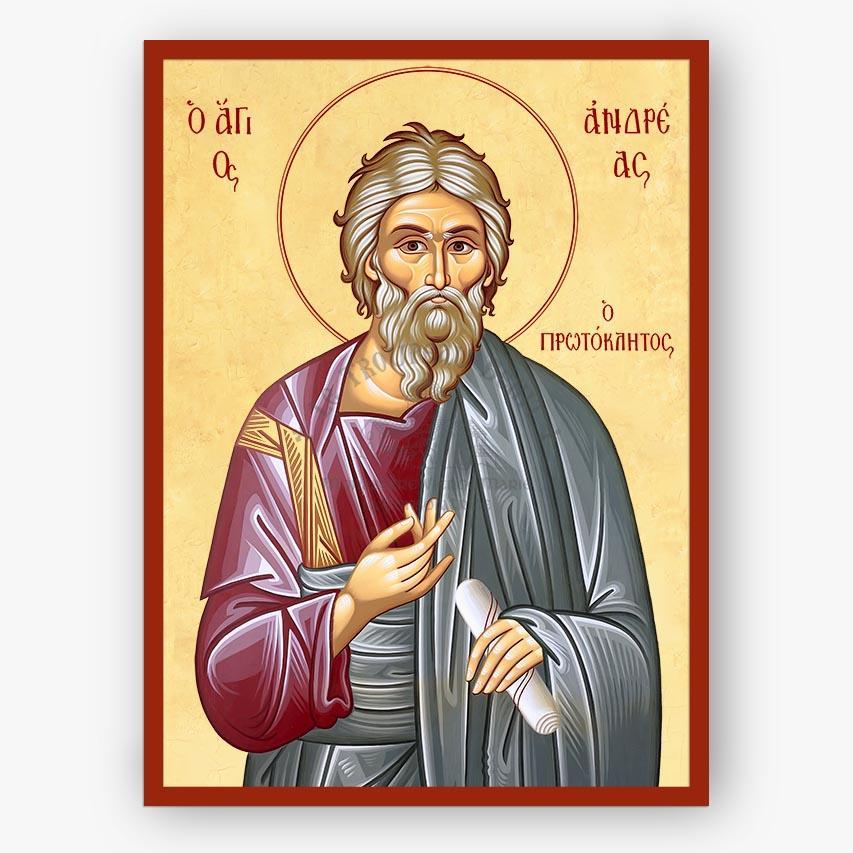 Icon of Saint Andrew the Apostle with a red border on a beige background