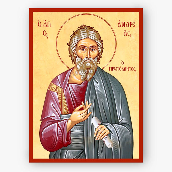 Icon of Saint Andrew the Apostle with a red border on a beige background