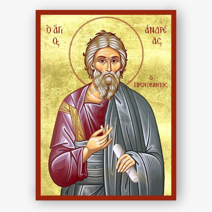 Icon of Saint Andrew the Apostle with a gold background and red border