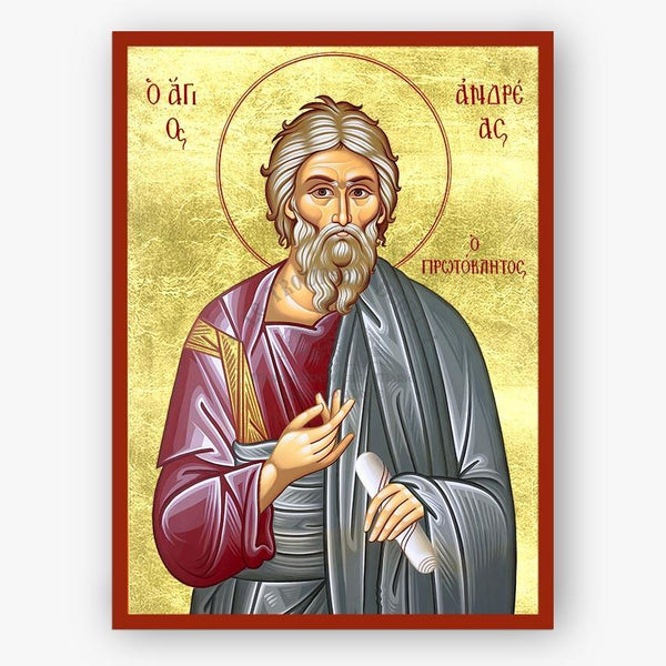 Icon of Saint Andrew the Apostle with a gold background and red border