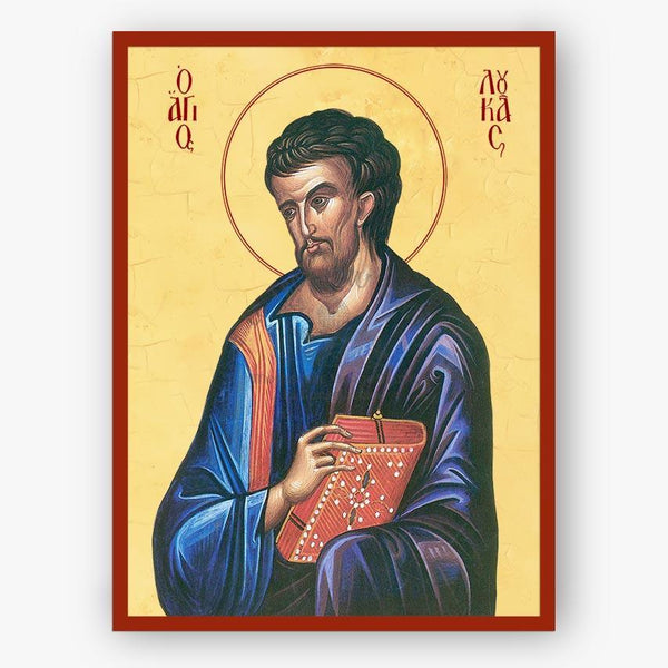 Icon of Evangelist Luke holding a book on a beige background