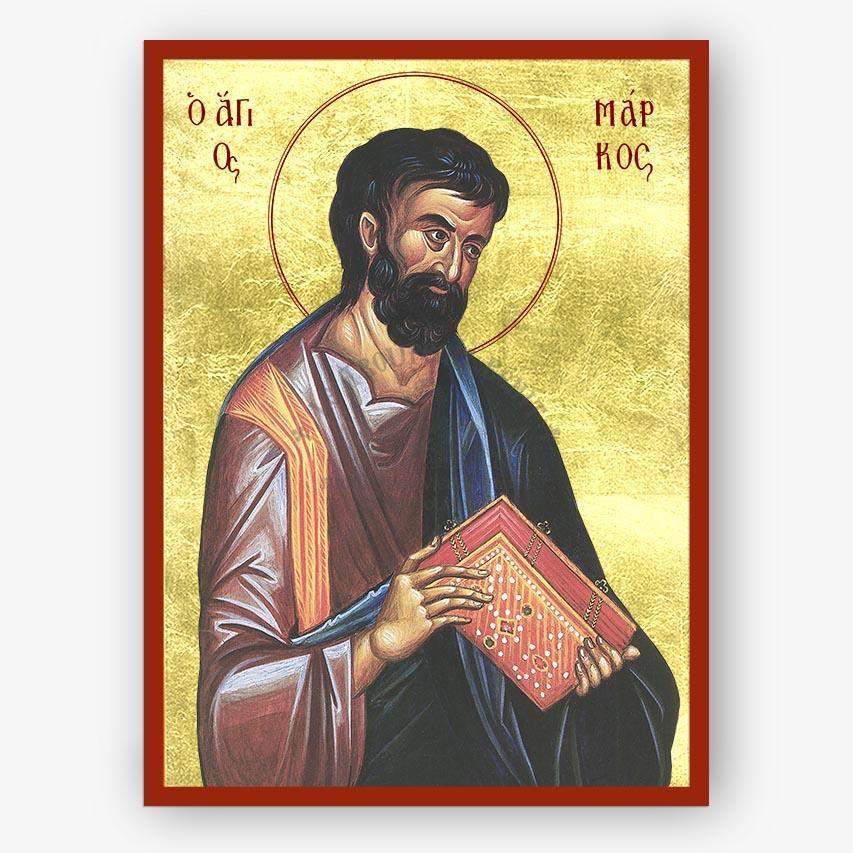 Icon of Saint Mark the Apostle and Evangelist, holding a book on a gold background