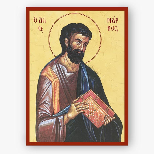 Icon of Saint Mark the Apostle and Evangelist, holding a book with Greek text above and below.