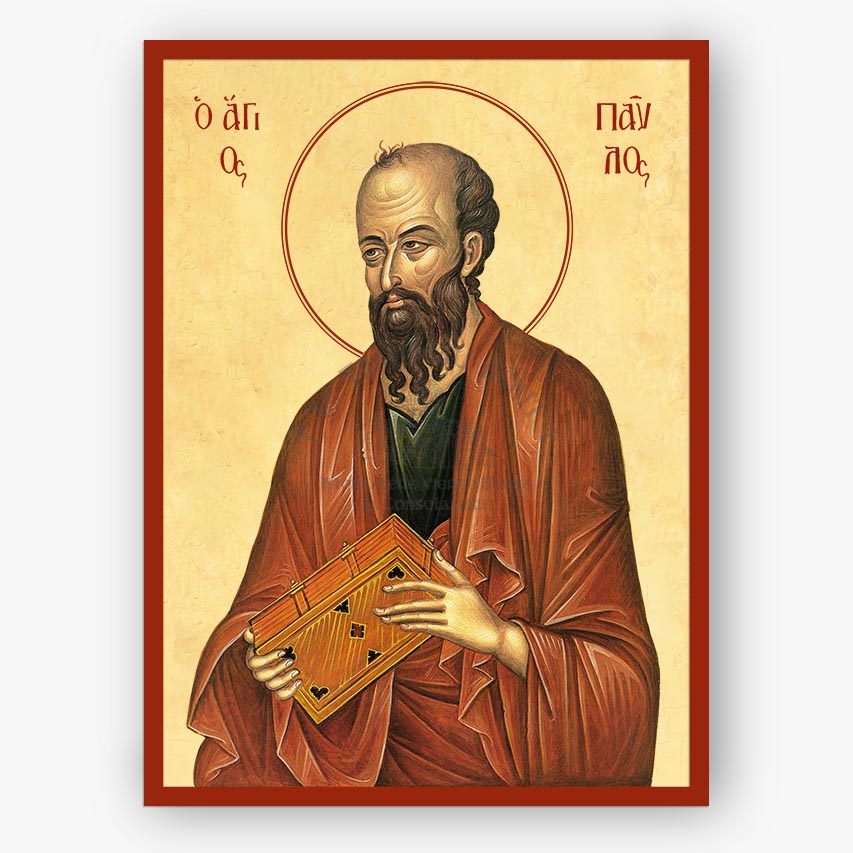 Icon of Saint Paul the Apostle holding a book on a beige background