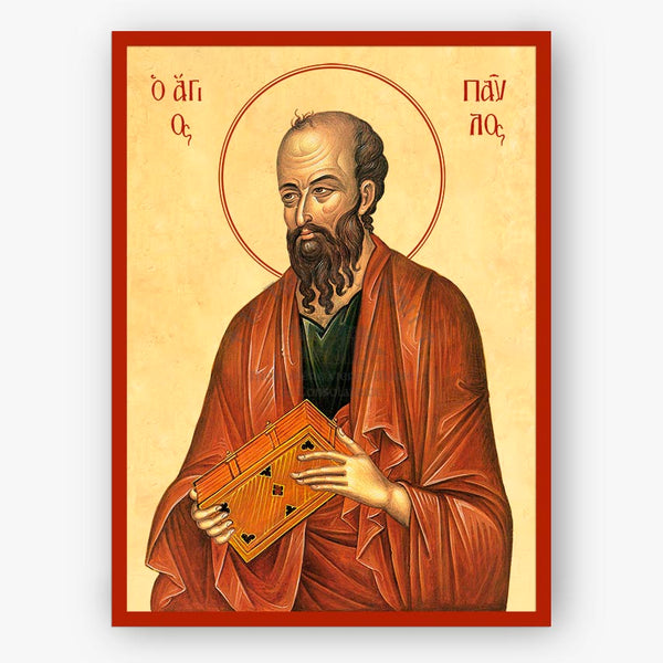 Icon of Saint Paul the Apostle holding a book on a beige background