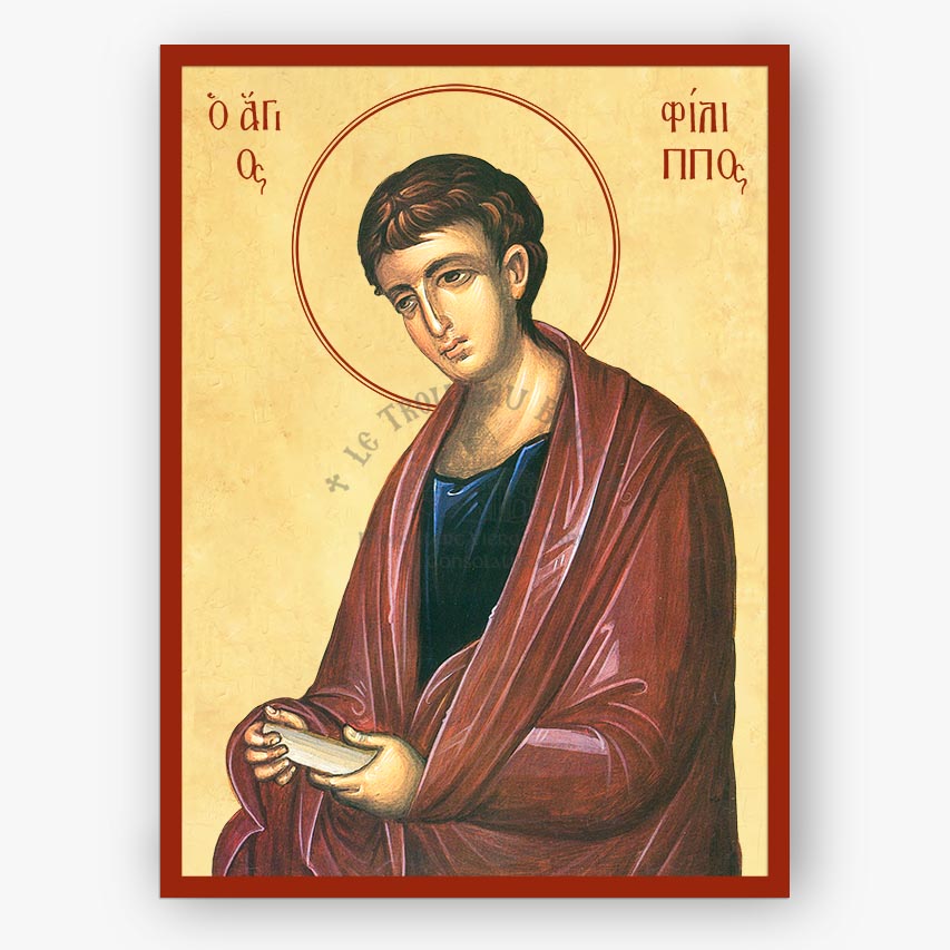Icon of Saint Philip the Apostle with a red border and beige background