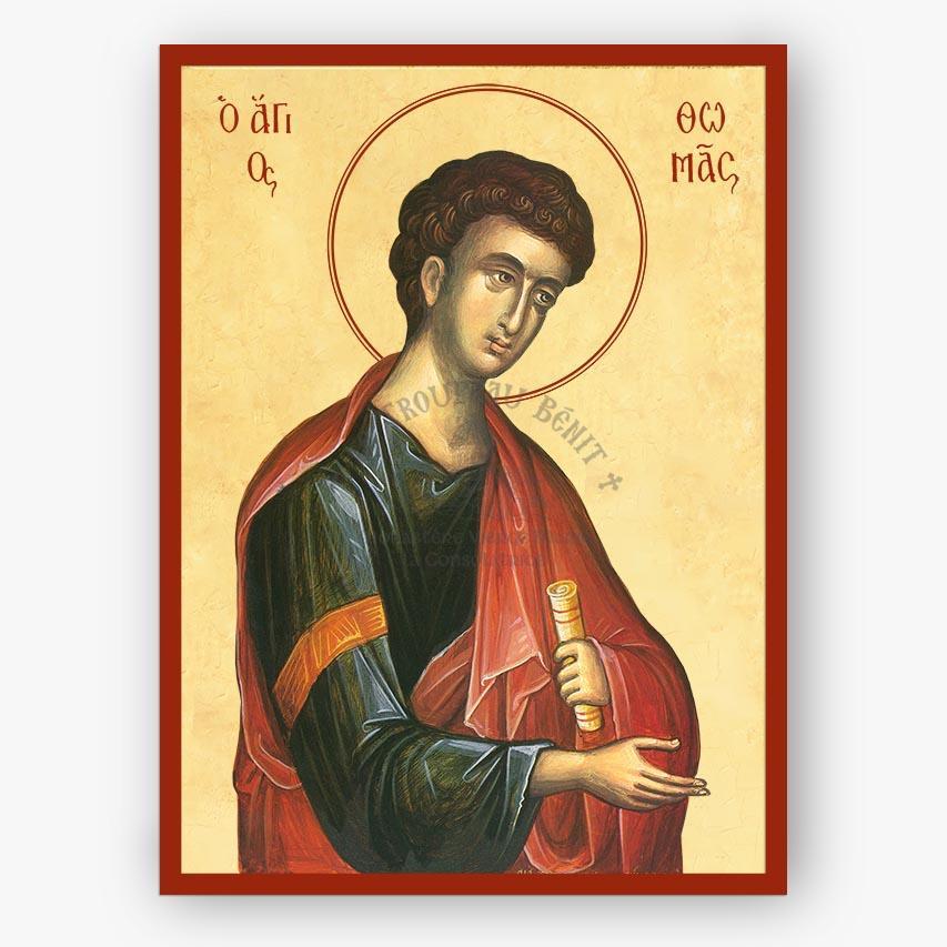 Icon of Saint Thomas the Apostle holding a scroll on a beige background with a red border