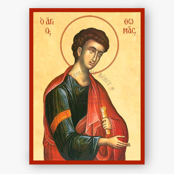Icon of Saint Thomas the Apostle holding a scroll on a beige background with a red border