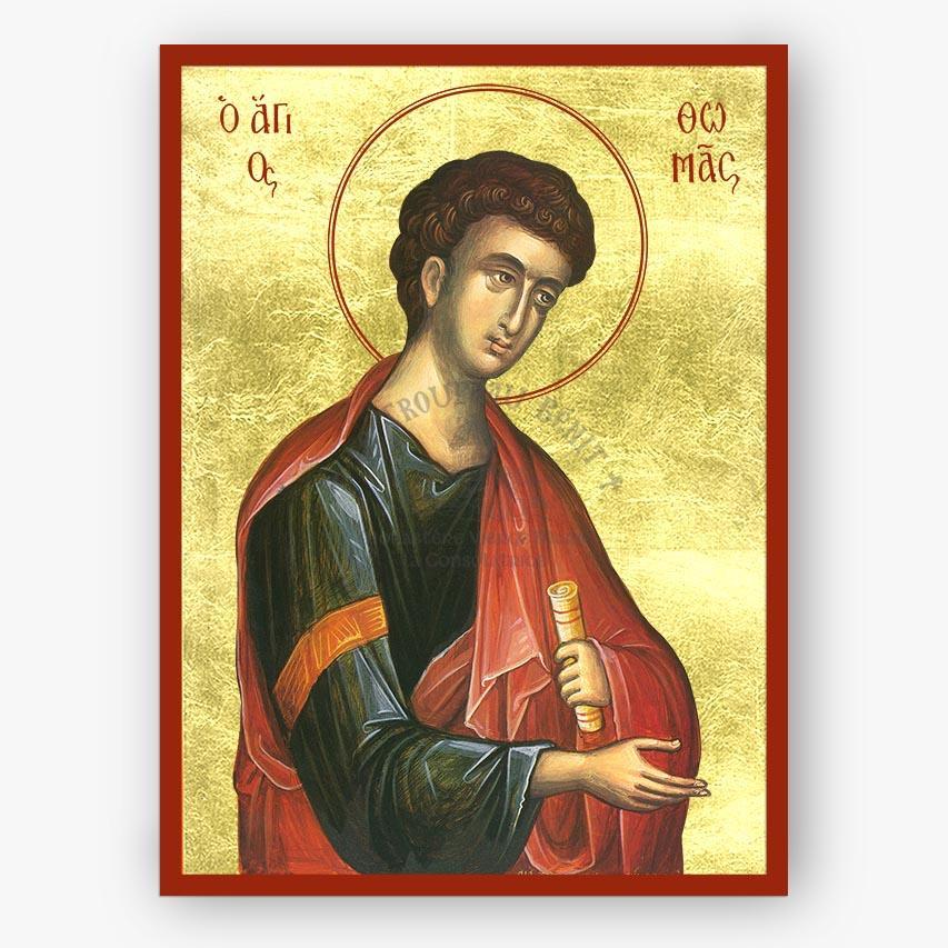 Icon of Saint Thomas the Apostle holding a scroll on a beige background with a red border