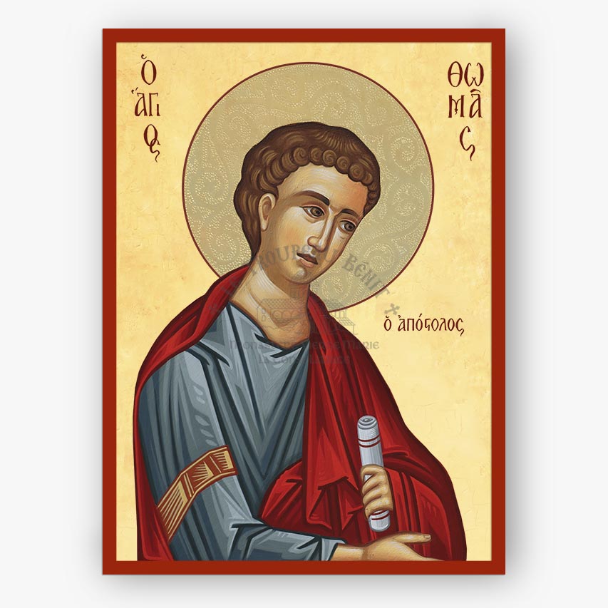 Icon of Saint Thomas the Apostle holding a scroll on a beige background with a red border