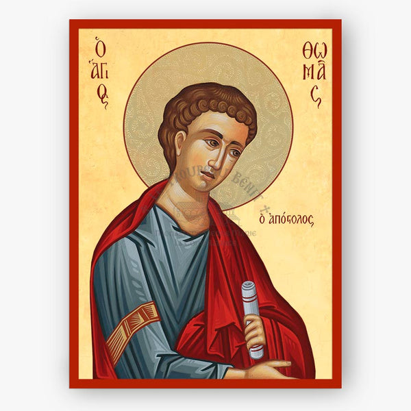 Icon of Saint Thomas the Apostle holding a scroll on a beige background with a red border