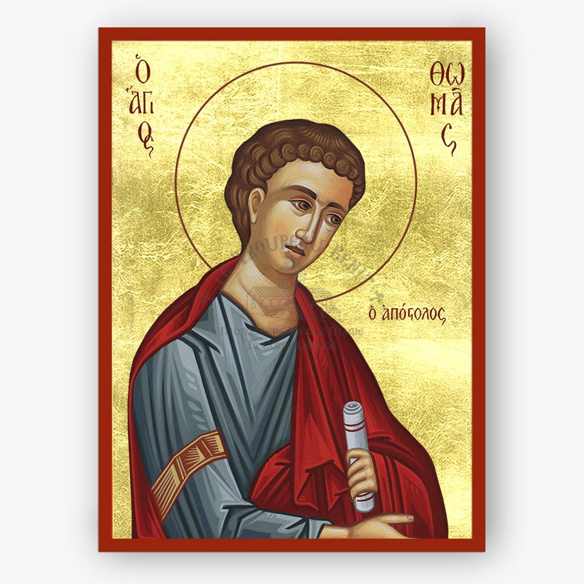 Icon of Saint Thomas the Apostle holding a scroll on a gold background with a red border