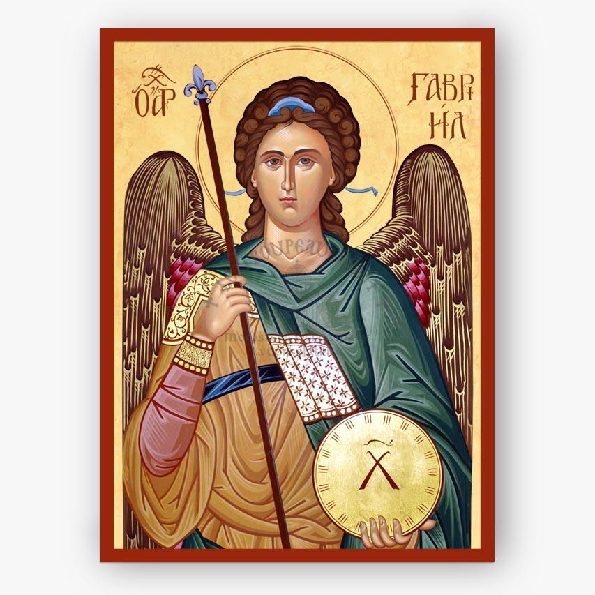 Icon of an angel holding a sword and a clock, with decorative elements on a beige background.