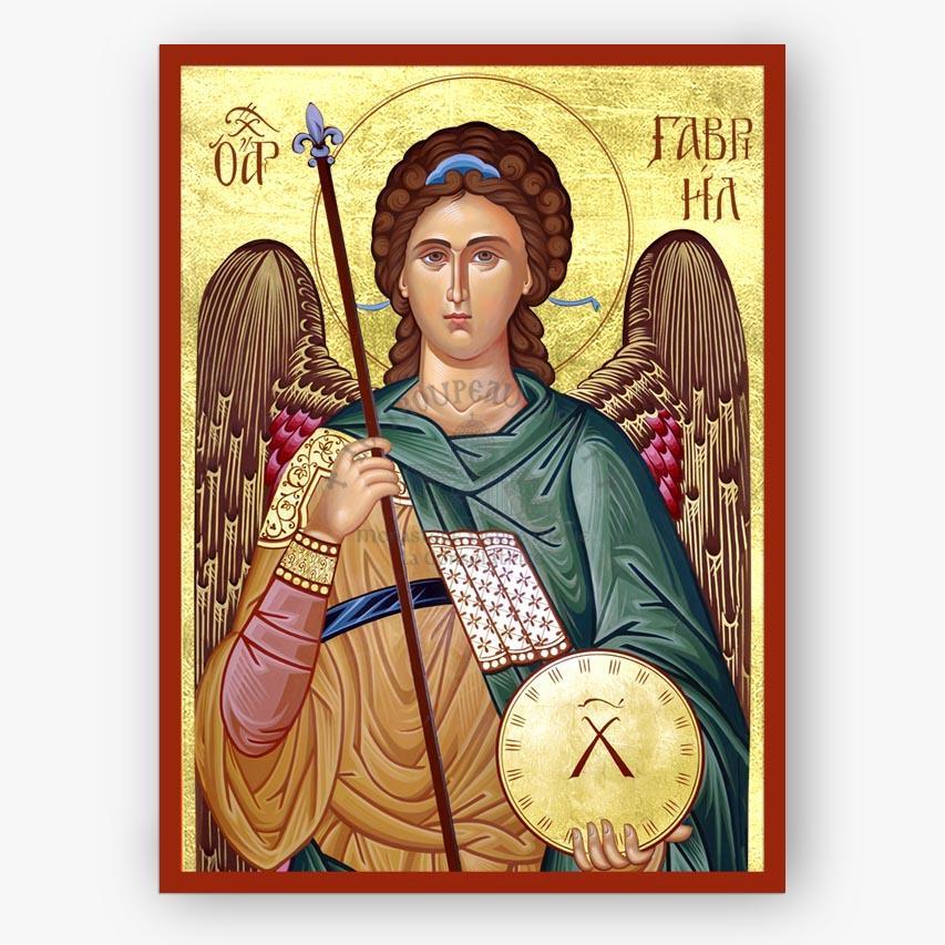 Decorative icon of an angel with wings, a staff, and a circular symbol on a gold background.
