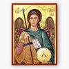 Decorative icon of an angel with wings, a staff, and a circular symbol on a gold background.