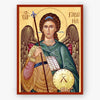 Icon of an angel holding a sword and a clock, with decorative elements on a beige background.