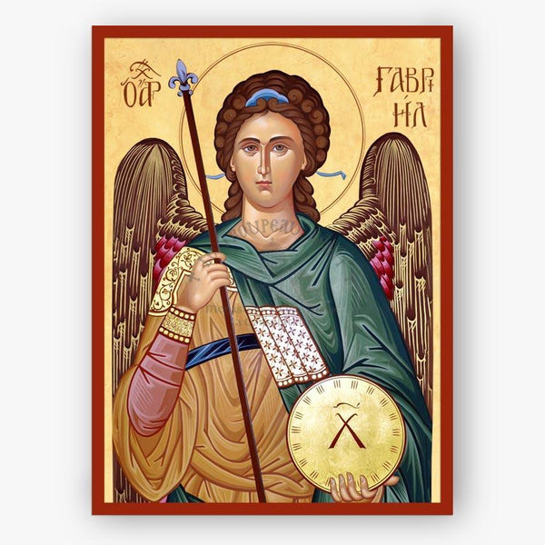Icon of an angel holding a sword and a clock, with decorative elements on a beige background.