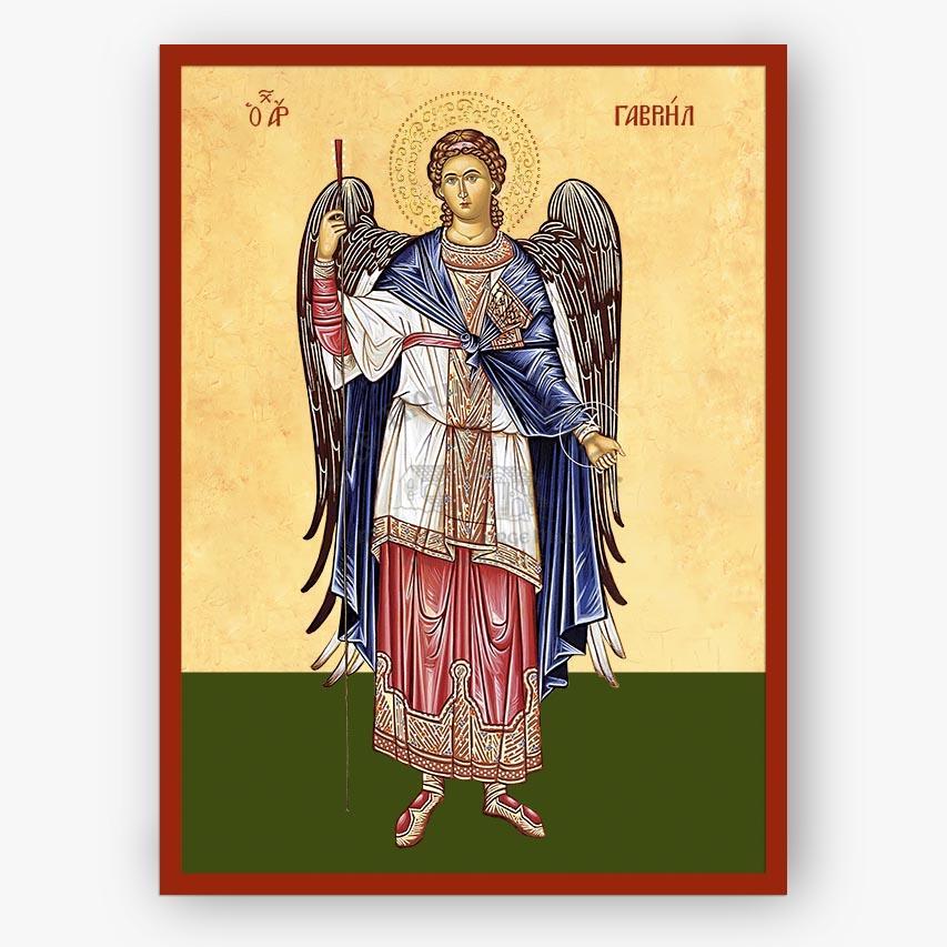 Icon of an angel with a red border on a beige background