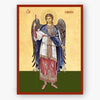 Icon of an angel with a red border on a beige background