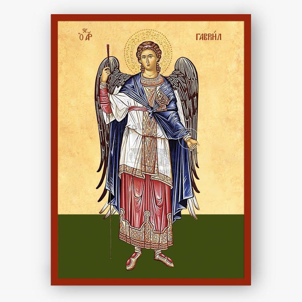 Icon of an angel with a red border on a beige background