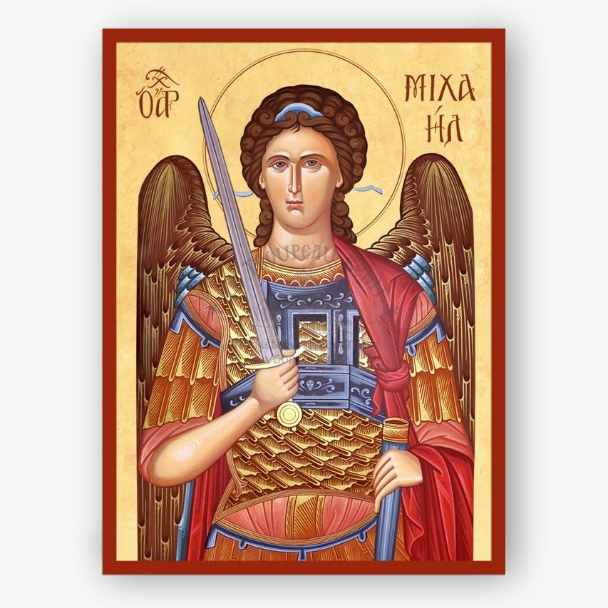 Icon of an angel holding a sword on a beige background