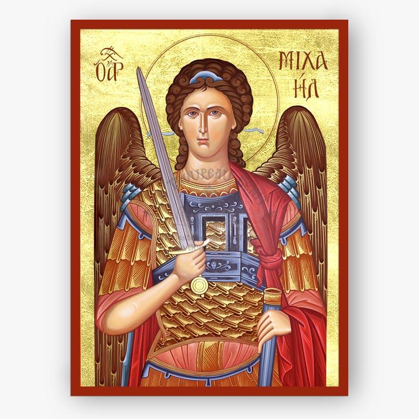 Icon of an angel holding a sword on a gold background