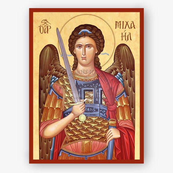Icon of an angel holding a sword on a beige background
