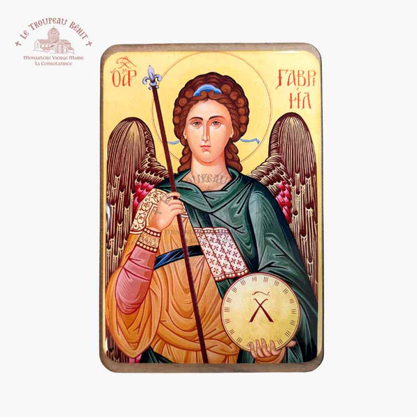 Icon of an angel holding a sword and a symbol, with a white background with 'Troupeau Benit' logo branding