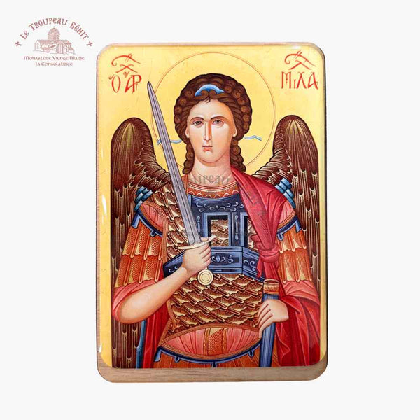 Decorative icon of an angel holding a sword on a gold background with 'Troupeau Benit' logo branding