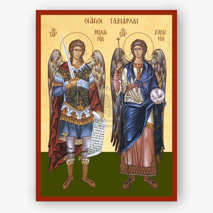Holy Archangels Michael & Gabriel, with armor and weapons on a beige background with a red border.