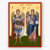 Holy Archangels Michael & Gabriel, with armor and weapons on a beige background with a red border.