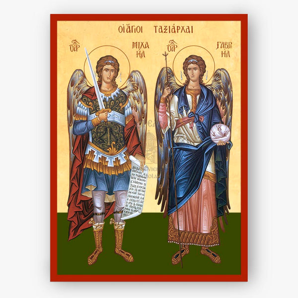 Holy Archangels Michael & Gabriel, with armor and weapons on a beige background with a red border.