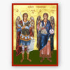 Holy Archangels Michael & Gabriel, with armor and weapons on a gold and green background with a red border.