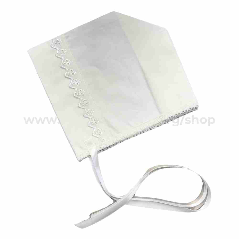 Orthodox baptism bonnet – elegant white christening cap for baby boys and girls, made from soft fabric with a traditional design for religious ceremonies. 