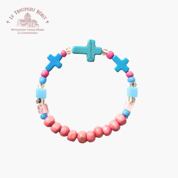 Plastic & wooden bead children's bracelet with Troupeau Benit logo in the top right corner